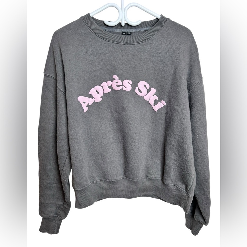 Gray Sweatshirt with Pink 'Après Ski' Print, S, oversized Comfy - Picture 2 of 5